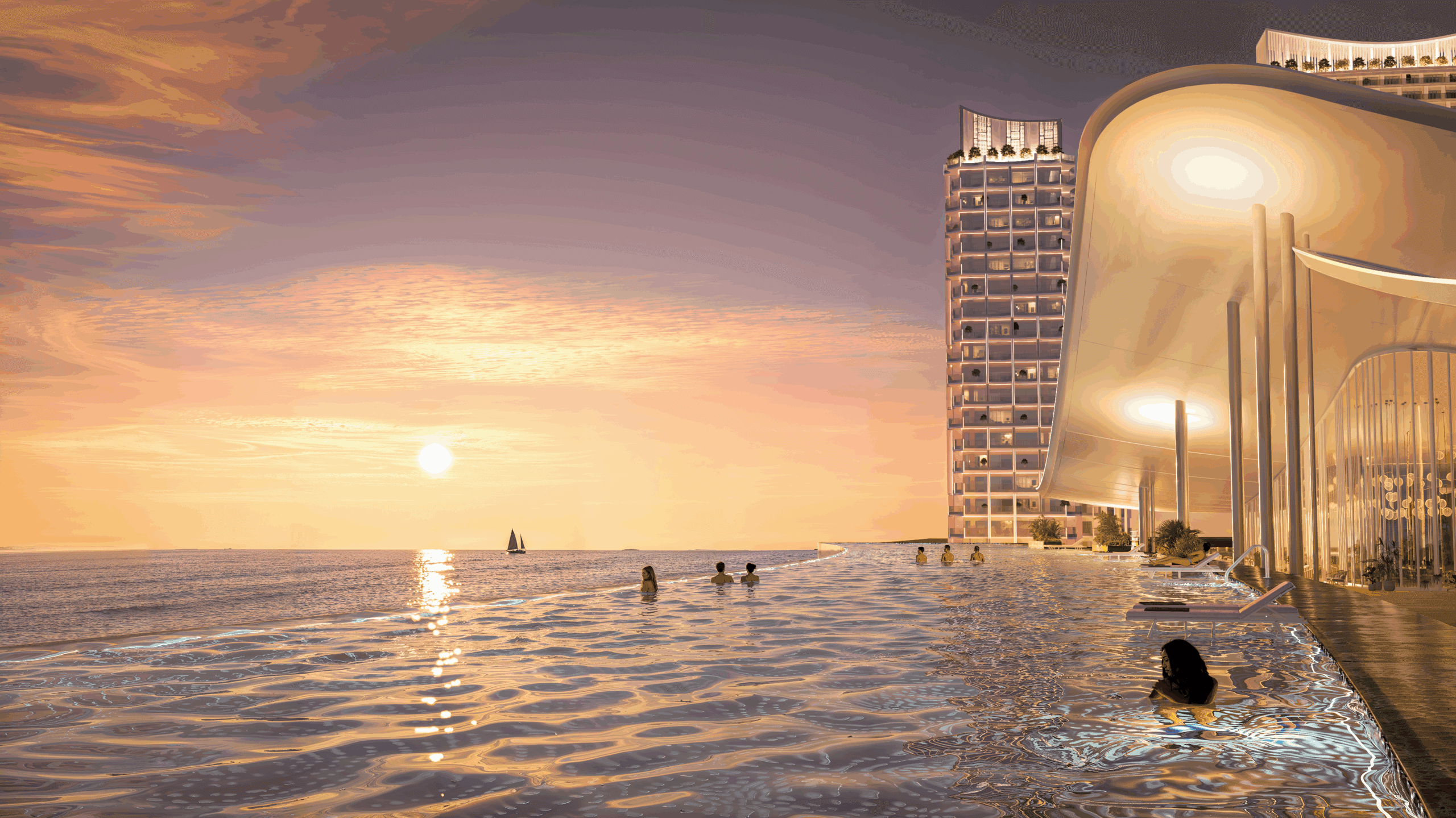 Luxurious infinity pool overlooking the sea at Blanca City by Sun Group during a stunning sunset, featuring modern architecture and scenic ocean views.